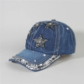 Detail shot of denim baseball cap with rhinestone star patches and sparkling brim decor - Style 5-Denim Blue Multi-color Star Rhinestone