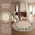 French vintage beige round rug with black floral patterns and non-slip cotton base - Diameter 80cm / Early Autumn Flowers