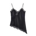 Detail of black silk camisole top with lace trim and asymmetrical hem on white background - Black