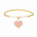 Elegant gold bead and pearl bracelet featuring a pink heart evil eye charm pendant - Pink