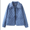 Blue quilted jacket with diamond pattern, ruffled collar and stylish bow tie closure - S / Blue