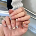 French tip nails with star and cow print designs on medium-long square press-on nails - Bs2058# Mottled And Colorful / Phototherapy Glue Style