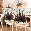 Close-up of linen Christmas chair covers with festive red plaid tree and snowflake motifs - YT03-9 (Beige Line Xmas Tree)