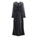 Elegant black long-sleeved dress featuring lace patchwork and satin skirt on white background - XS / Black