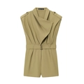 Damen Ärmelloser Jumpsuit in Khaki mit Schulterpolstern und passendem Gürtel für Freizeit - S / Khaki