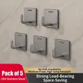 Set of 5 gunmetal grey SUS304 stainless steel L-shaped adhesive wall hooks - Gun Gray - 5 Pieces