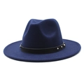 Detail of dark blue wool fedora hat featuring black leather band and silver metal rivets - M (56-58cm) / Navy Blue