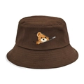Detail of coffee brown cotton bucket hat with a cute bear peeking through a zipper design - M (56-58cm) / Coffee