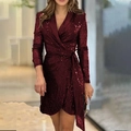Elegante abito a portafoglio bordeaux con paillettes a maniche lunghe e scollo a V - 2XL / Borgogna