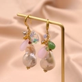 Baroque pearl drop earrings with colorful crystal beads and gold hooks on pink silk - Multicolor Stone Baroque Pearl Earrings