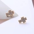 Cross-shaped gold stud earrings with cubic zirconia stones and minimalist geometric design - D33 Gold Cross