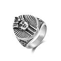 Macro side view of vintage stainless steel Ancient Egyptian Pharaoh Tutankhamun ring detail - US 7 / Antique Silver