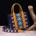 Detail of bohemian tote bag with geometric ethnic pattern and yellow leather strap - Small Yellow + Royal Blue (Ethnic Style)