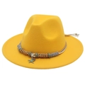 Detail of yellow fedora with woven strap, bronze beads and starfish metal pendant - M (56-58cm) / Yellow
