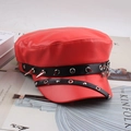 Red leather punk military hat with silver spikes and metal rivets on fashion magazines - One Size 58cm / Red Large Buckle Rivet Style