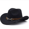 Classico cappello da cowboy in feltro nero con fascia in pelle marrone e fibbia oro - M (56-58cm) Regolabile / caffè