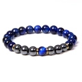 Detailed close-up of 8mm blue tiger eye beads and golden metal spacers on a beaded bracelet - Blue Tiger Eye with Dark Gray Round Beads (Style-4)