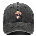 Detail of vintage washed cotton baseball cap with a cute puppy embroidery patch - Black