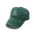 Macro detail of dark green washed cotton baseball cap featuring white puppy embroidery - M (56-58cm) / Green