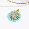 Tweekleurige Sint-Benedictus hanger met 18K vergulding en blauwe kralen decoratie - Meerblauw