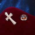Classic gold cross brooch with vertical stripes and butterfly clasp on red velvet - Gold Long Cross