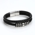 Men's double-layered black braided leather bracelet with silver magnetic metal clasp - Length 21cm / Black + Silver Steel