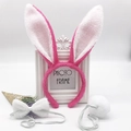 Three-piece plush pink rabbit ear headband set with matching bowtie and fluffy round tail - Rose Red & White Plush