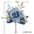 Blaue Rosen-Hochzeitsansteckblume mit Goldblättern und Schleife, 14cm x 10cm - Ansteckblume / Dunstblau