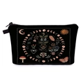Detailed view of black fabric cosmetic bag featuring mystical moon and botanical illustrations - Moon Phase Moth