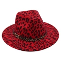 Close-up of red leopard print fedora hat with wool felt texture and gold metal buckle - One Size / Red Leopard