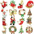 Grid display of Christmas brooches featuring Santa, trees, reindeer and bells in red and gold - 16Pcs Christmas Set