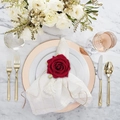 Handmade red velvet rose napkin ring with cream fringe napkin on marble table - Silk/Alloy / Deep Red Rose (Set of 6)