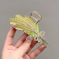 Golden wheat hair claw clip with yellow rhinestones and green enamel leaf accents - Golden Wheat Ear