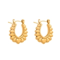 Macro detail of golden U-shaped earrings featuring unique wavy texture and polished finish - Gold Wave Texture Style (CBGE0036JS)