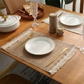 Natural jute placemat with white fringe edges for rustic French style dining table decor - Solid Color