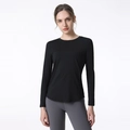 Zwarte dames sportshirt met lange mouwen, slanke pasvorm, ronde hals en gebogen zoomlijn - S / Zwart