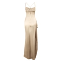 Elegant champagne satin evening gown with cross back straps and high slit detail - XS / Champagne