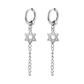Silver punk titanium steel hoop earrings with hexagram star pendant and long chain charms - Style 5 Silver Single