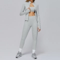 Three-piece grey brushed yoga set with zip jacket, crop tank, and high waist leggings - S / Top And Bottom / Mixed Grey