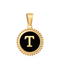 Classic 18K gold letter T pendant with black enamel inlay and beaded border design - Letter T