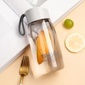 Minimalist clear plastic water bottle with grey lid and blue travel text print - 380ml / Gray