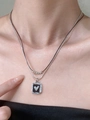 Double-layered necklace with silver beads and a square black enamel heart pendant - Square Black Enamel Heart Double Layer Necklace (7193) / White Gold Tone