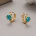 Golden hoop earrings with blue enamel smiley face charm and clear zircon accent - Blue
