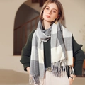Plaid scarf in grey white and beige cashmere feel fabric with long fringe tassels - Black & White