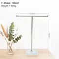 Silver T-bar necklace stand with a square acrylic base and sleek metal design - Crystal Base Jewelry Rack - T-Shape Silver