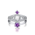 Sparkling crown ring with purple rhinestones and silver band in adjustable open size - SR203