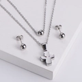 Two-layer stainless steel necklace with bead pendants and matching ball stud earrings - Earrings + Pendant Set / Silver