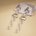 Silver fringe clip-on earrings with pearls and rhinestones on a minimalist stone base - Tassel Ear Clips-Silver