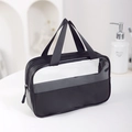 Black transparent PVC travel toiletry bag with woven handle and luxury拼接 design - Black Medium