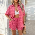 Pink bohemian two-piece set featuring Greek key pattern with shirt and drawstring shorts - Rose Red Sun Flower